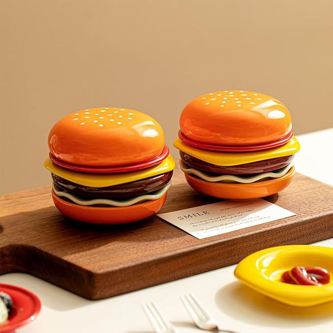 Hamburger Plate Set Ceramic Hamburger Plates And Bowls Sets 5-Piece Novelty Stackable Burger Dinnerware Set Cute Hamburg Style Dessert Plates Dishwasher Safety (Small-3.74 * 3.74 * 3.62 in)
