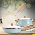 3-Piece Cookware Set with Wooden Handle with Lid Fine Iron Enamel Non-Stick Pan Suitable for Gas Induction Cooker Easy to Clean Large Pan
