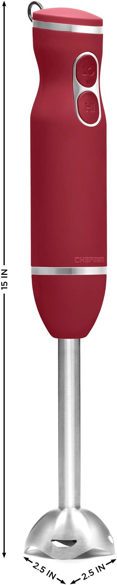 Chefman Immersion Stick Hand Blender with Stainless Steel Blades Powerful Electric Ice Crushing 2-Speed Control Handheld Food Mixer Purees Smoothies Shakes Sauces &amp Soups Red