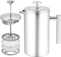 French Press Coffee Maker 304 Grade Stainless Steel French Press with 2 Extra Filters for Home Office Travel Camping - 34OZ/1 Litre (Sliver)