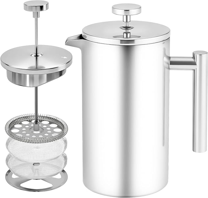 French Press Coffee Maker 304 Grade Stainless Steel French Press with 2 Extra Filters for Home Office Travel Camping - 34OZ/1 Litre (Sliver)