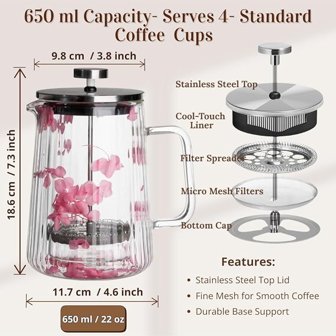 Glass French Press Coffee Maker 22oz (Pink Floral) – Double-Wall Borosilicate Ribbed Coffee Press with Stainless Steel Filter Manual Coffee Brewer &amp Tea Press