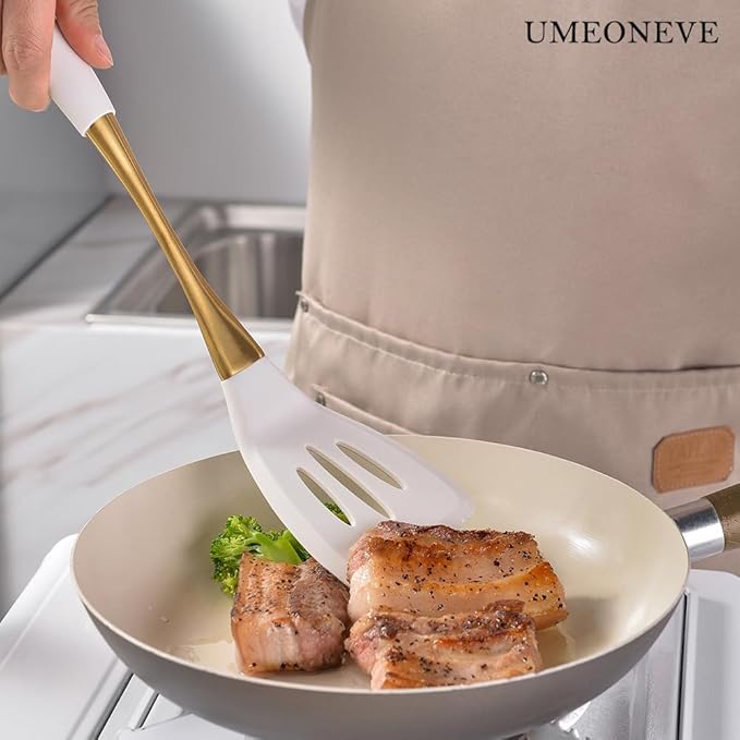 White And Gold Silicone Cookware Set 9-Piece Universal Kitchen Utensilsgold with white kitchen utensilsSilicone Spatula Cooking Spoons for Nonstick Cookware Golden Stainless steel Handle