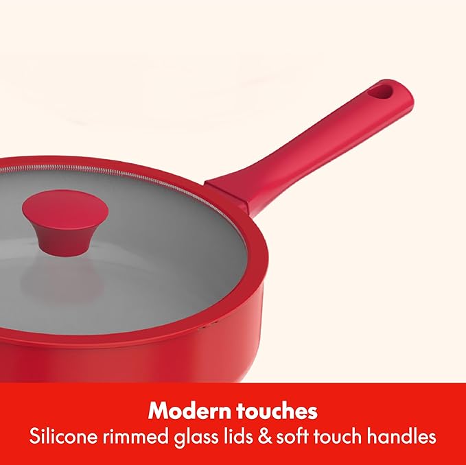 So Yummy by bella 12 Piece Cookware Set w EverGood™ Ceramic Nonstick Coating and Silicone &amp Wood Utensils Dishwasher Safe Silicone &amp Glass Lids Oven Safe &amp All Stovetop Compatible Red
