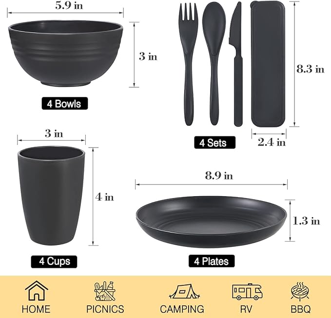 Wheat Straw Dinnerware Sets Wheat Straw Plates and Bowls Sets for 4 Kitchen Dishes 28pcs College Dorm Room Essentials Cutlery Set Microwave Safe (Gray)
