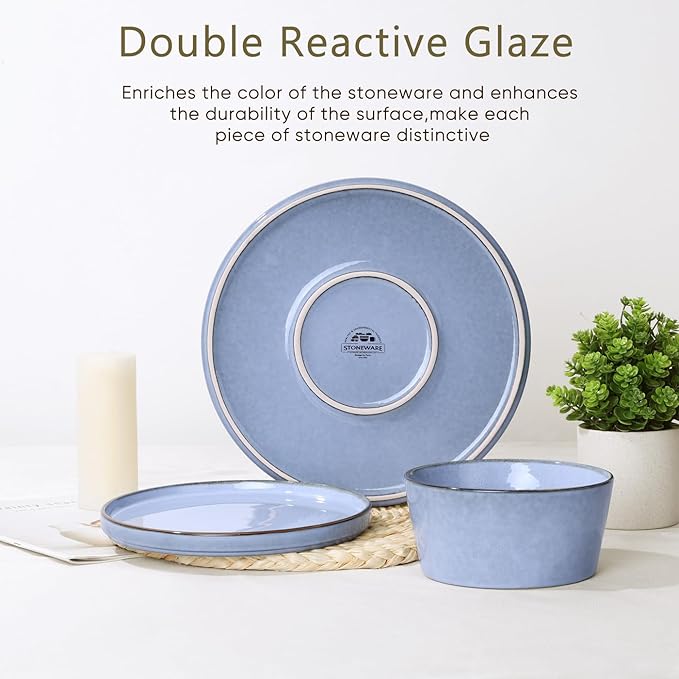 Herogo Dinnerware Sets with Pasta Bowls for 4 16 Piece Dinner Salad Plates and Cereal Serving Bowls Stoneware Dishes Dinner Ware for Home Kitchen Dishwasher &amp Microwave Safe Haze Blue