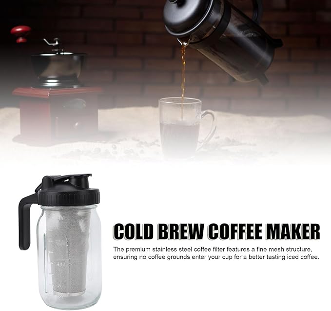 Cold Brew Coffee Maker Pitcher with Stainless Steel Filter Thick Glass Iced Coffee Maker Pitcher Jar with Spout Lid and Handle for Working from Home Brewing and Pouring (1000ml)