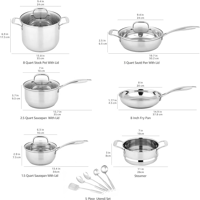 Amazon Basics Stainless Steel Cookware 15-Piece Set Oven Safe Induction-Ready Even Heating Easy to Clean Stay-Cool Handles Pots and Pans Silver