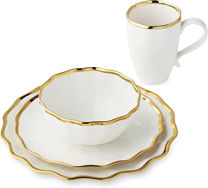 Regency Gold 16-Piece Dinnerware Set – Elegant Gold Rimmed Porcelain Plates Bowls &amp Mugs – Service for 4 – Sophisticated Dining Set for Everyday Meals Holiday Gatherings &amp Wedding Gifts