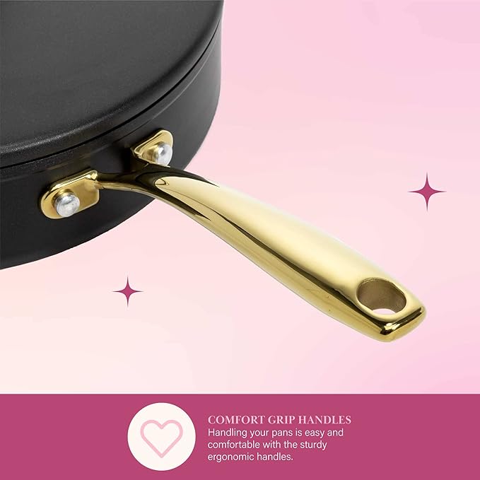 Paris Hilton Iconic Nonstick Pots and Pans Set Multi-layer Nonstick Coating Matching Lids With Gold Handles Made without PFOA Dishwasher Safe Cookware Set 10-Piece Black