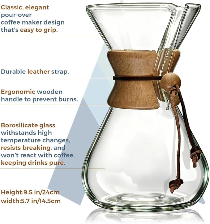 AGOGO Pour Over Coffee Maker Set Glass Coffee Maker with 50pcs Filter Paper -for Home Office Camping Cafes - Easy Clean Coffee Dripper Set (Soft Towel&ampBrush Included)(10 Cup/34oz)