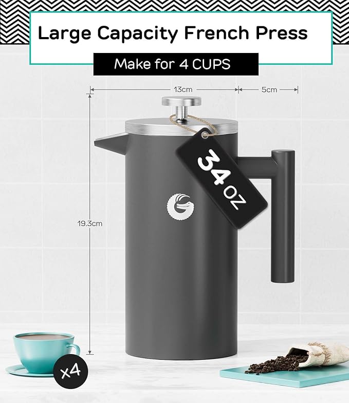 Coffee Gator French Press Coffee Maker 34oz Double Insulated Stainless Steel Orange and Black