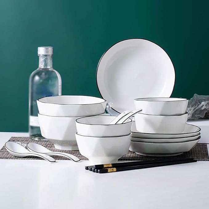 18 Pieces Plates and Bowls Sets Simple Dinnerware Set Scratch Resistant Dishes Sets for 4 Stackable Kitchen Dinner Set High Temperature Firing for Microwave Ovens Ovens Dishwashers(Style 1)