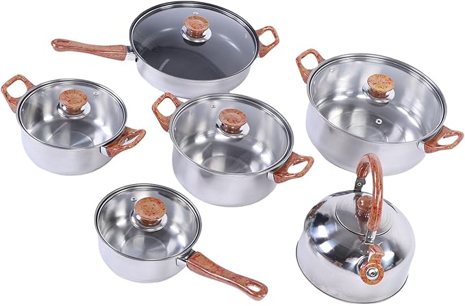 GLOGLOW Stainless Steel Cookware Set Large Capacity Induction Pots and Pans Includes Kettle Frying Pan for Cooking