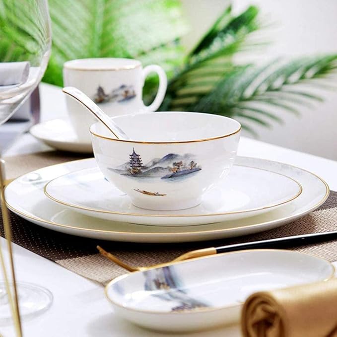 Pottery Tableware8 Pieces Landscape Painting Porcelain Dinnerware Set Ceramic Plate Combination Sets Dinner Plate Dessert Plate Bowl and Mug