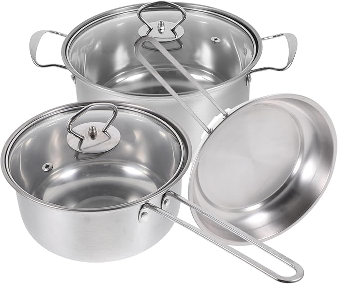DECHOUS Stainless Steel Cookware Set Small Sauce Pan with Spout Stewing Pot Frying Pan Resistant Cooking Pots with Comfortable Steel Handles