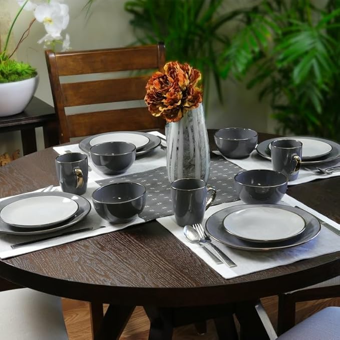 16 Pieces Dinnerware Set in Stone Slate Round Tableware Household Bowl and Dish Combination