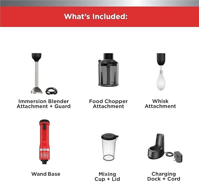BLACK+DECKER Kitchen Wand Cordless Immersion Blender 3 in 1 Multi Tool Set Hand Blender with Charging Dock Whisk and Chopper Red (BCKM1013K06)