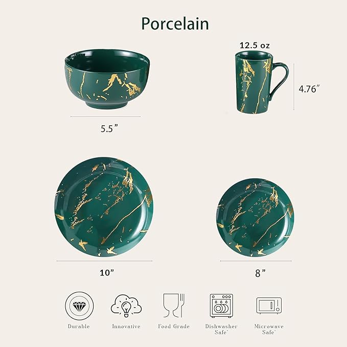 Modern Porcelain 16 Piece Green Dinnerware SetPlates and Bowls SetsGold Dish Set for 4Green Dinnerware SetDinner Sets with Dinner Plates.