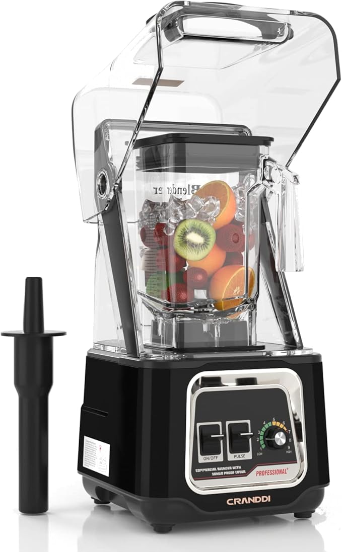CRANDDI Commercial Blender 2200W Countertop Blenders with Removable Shield Quiet Smoothie Blender for Shakes and Ice Crushing 52oz 38000 RPM Professional Blenders for Kitchen K80 (Black)