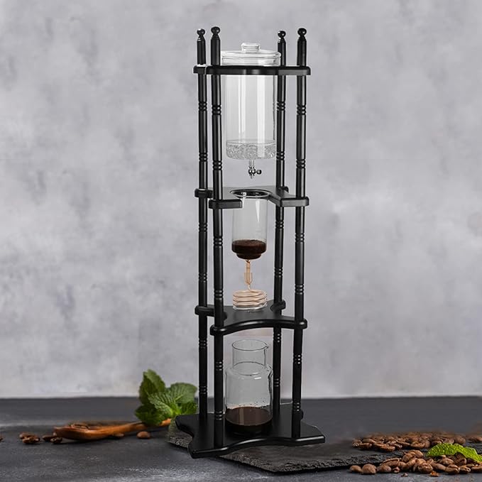Cold Drip Coffee Maker 2L Large Capacity Solid Wood Machine Japanese Cold Brew Maker with Slow Drip Technology Makes 25 Cups Coffee Tower for Bars Clubs Parties Shop(Black-Red)