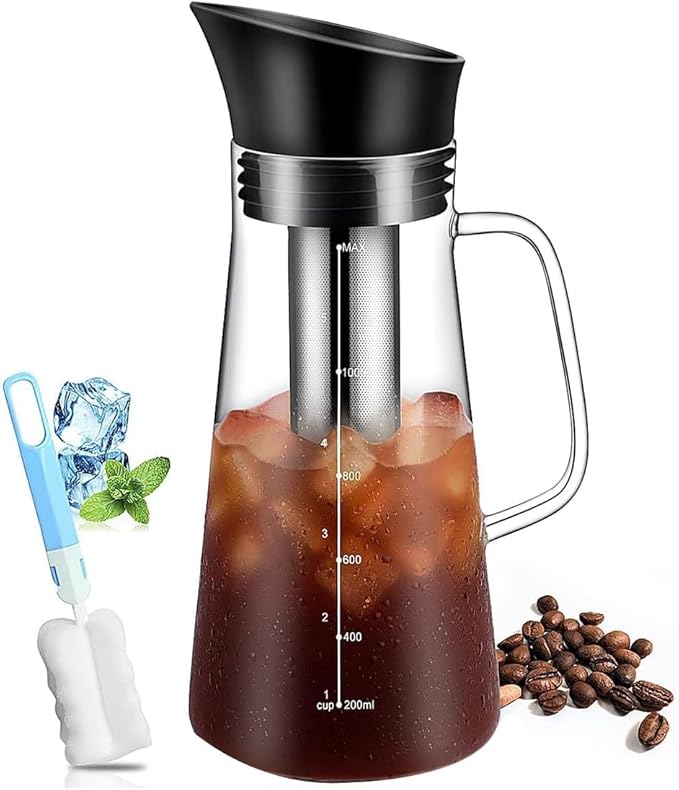 Iced Coffee Maker Machine Cold Brew Tea Pitcher Glass and Airtight Lid Coffee Pot 1.2L