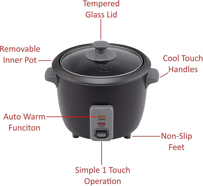 4 Cup Electric Rice Cooker with Auto Warm Function – Non-Stick Pot One-Touch Operation Glass Lid Includes Paddle &amp Measuring Cup – Black Compact Steamer for Rice Quinoa Oats &amp More