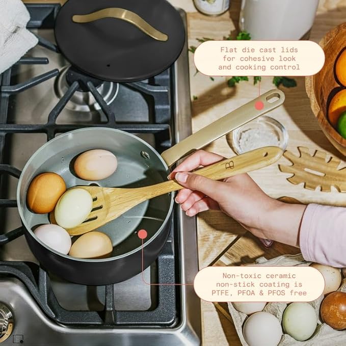 Black Sesame Full 12-Piece Non-Toxic Non-Stick Ceramic Cookware Set | Oven safe up to 500°F | NOT Made With Forever Chemicals | Drew Barrymore (Black Sesame)