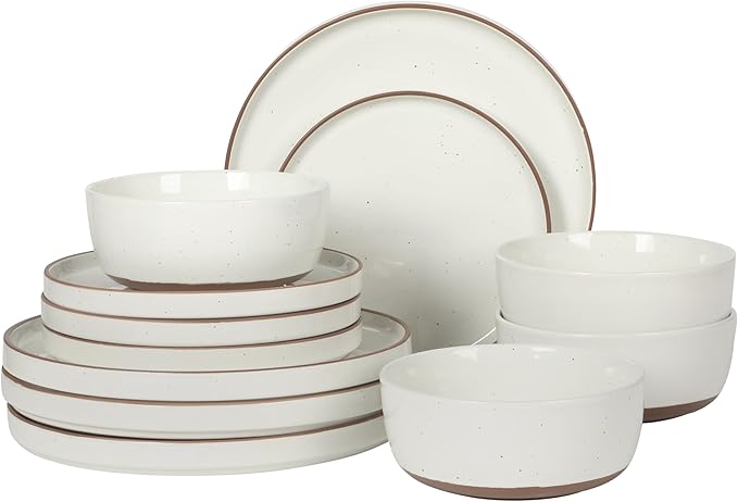 Gibson Elite Northrock Stoneware Dinnerware Set 12-Piece Service for 4 Plates and Bowls Set – White Dishes with Hand-Painted Terracotta Base