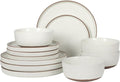 Gibson Elite Northrock Stoneware Dinnerware Set 12-Piece Service for 4 Plates and Bowls Set – White Dishes with Hand-Painted Terracotta Base