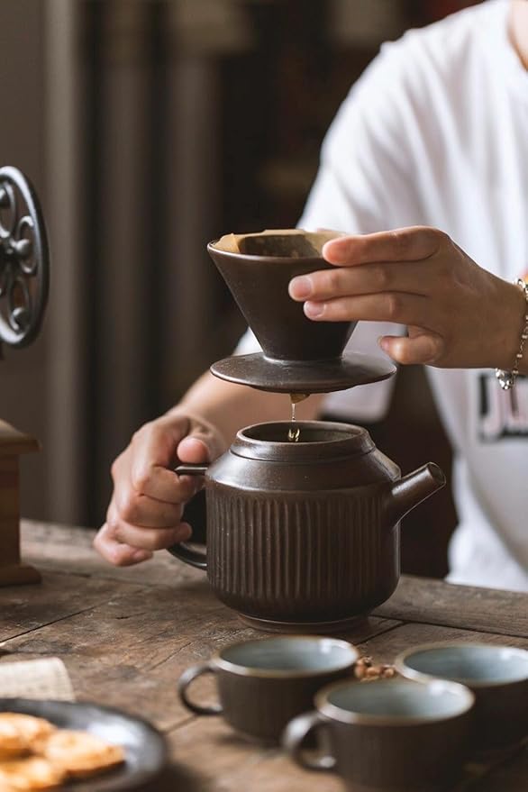 Ceramic Pour Over Coffee Maker Retro Hand Drip Coffee Dripper Portable Pourover Cone Filter Coffee Brewer for Camping Travel Office Family Single Serve Antique Copper Brown