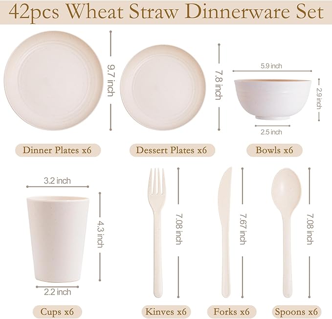EI 42pcs Wheat Straw Dinnerware SetPlates and Bowls SetsReuasble PlateUnbreakable Dinner Plate for 6Microwave Dishwasher SafeCollege Dorm Room Essentials Dishes Sets-BowlsPlatesCupsCutlery