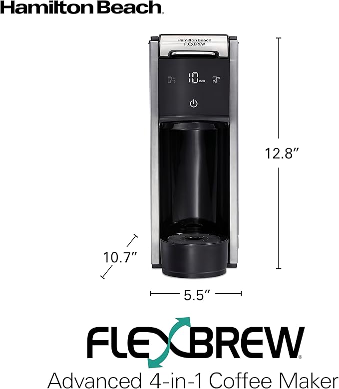 Hamilton Beach FlexBrew Advanced 4-in-1 Single Serve Hot &amp Iced Coffee Maker with Removable 45 oz. Water Reservoir Use Pod Packs and Grounds Fast Brewing LED Touchscreen Black (49925)