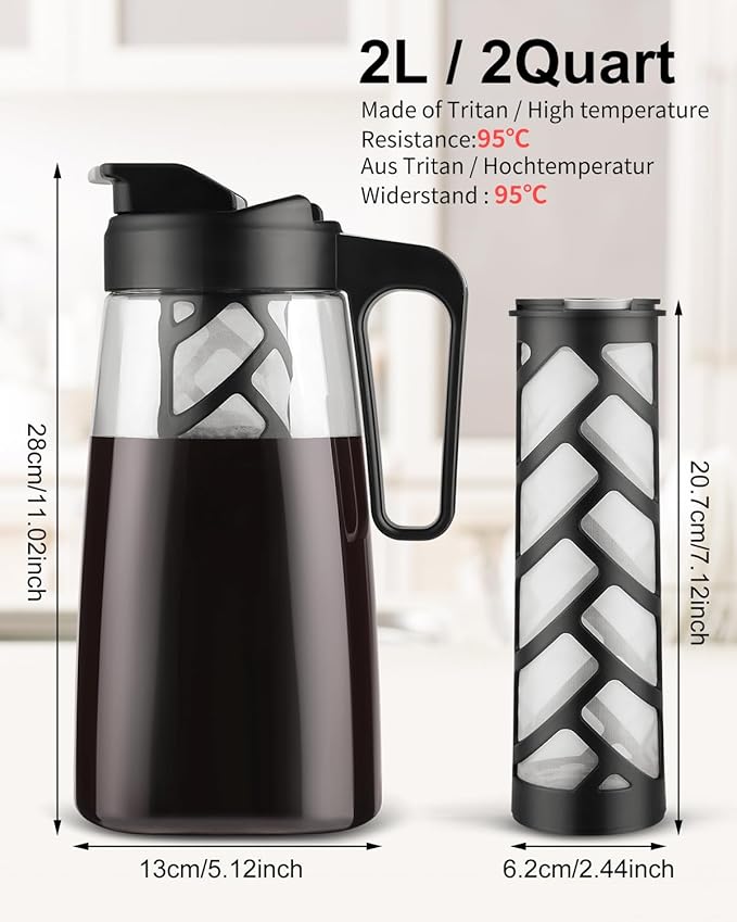 Sivaphe Large Ice Cold Coffee Maker 64 oz Dishwasher Safty Traitan Carafe Pitcher Leak Proof Iced Hot Coffee/Tea Brewer Method 2 Quart with Reusable Filter