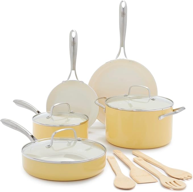 GreenLife Artisan Healthy Ceramic Nonstick 12 Piece Cookware Pots and Pans Set Stainless Steel Handle PFAS-Free Dishwasher Safe Oven Safe Yellow