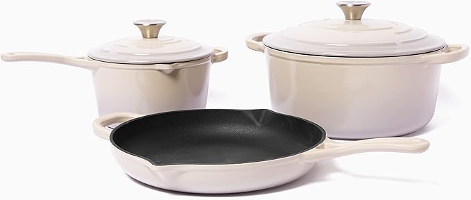 Larder &amp Vine 5-Piece Enameled Cast Iron Cookware Set - Includes 5.7 Quart Dutch Oven with Lid 10.25 Inch Skillet 2.2 Quart Saucepan with Lid (Stone)