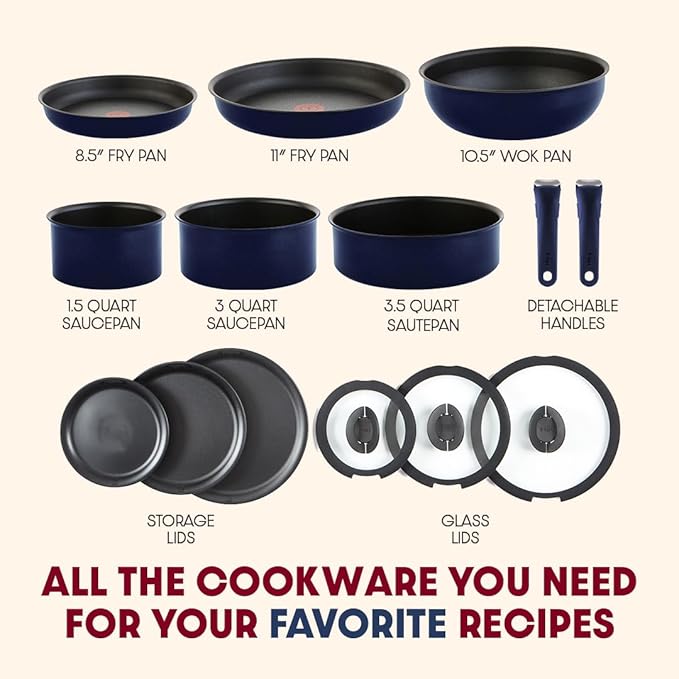 T-fal Ingenio Expertise Non Stick Cookware Set 14 Piece Induction Oven Broiler Safe 500F Detachable/Removable Handle Kitchen Pots and Pans RV Camping Fry Pans Saucepans Dishwasher Safe Blue