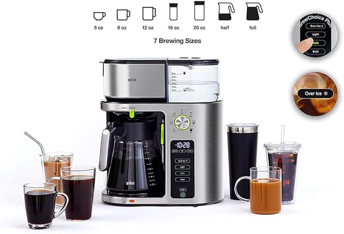 Braun MultiServe Coffee Machine 7 Programmable Brew Sizes / 3 Strengths + Iced Coffee &amp Hot Water for Tea Glass Carafe (10-Cup) White KF9150WH