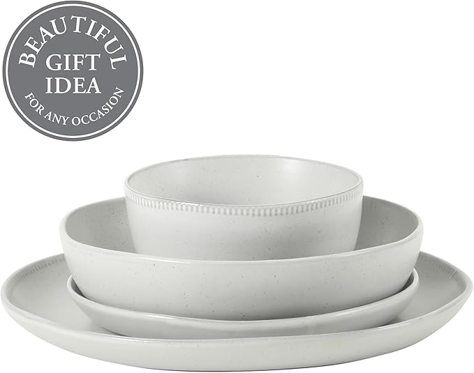 Gibson Elite Menlo Park 16-Piece Pottery Clay Stoneware Dinnerware Set – White Reactive Glaze Embossed Plates and Bowls W/Pasta Bowl Service for 4 – Microwave &amp Dishwasher Safe