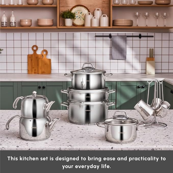 Karaca Belgrade 15 Piece Stainless Steel Wedding Set Pan Set Teapot Cooking Pot Set