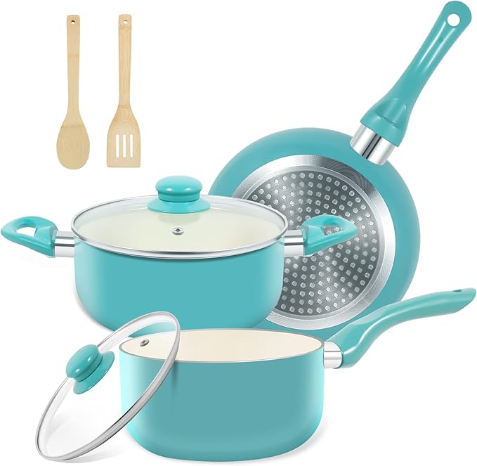Pots and Pans Set 7 Piece Nonstick Ceramic Cookware Set Kitchen Induction Cookware Sets Pots and Pans Non Stick with Stay Cool Handle 100% PFOA Free Turquoise