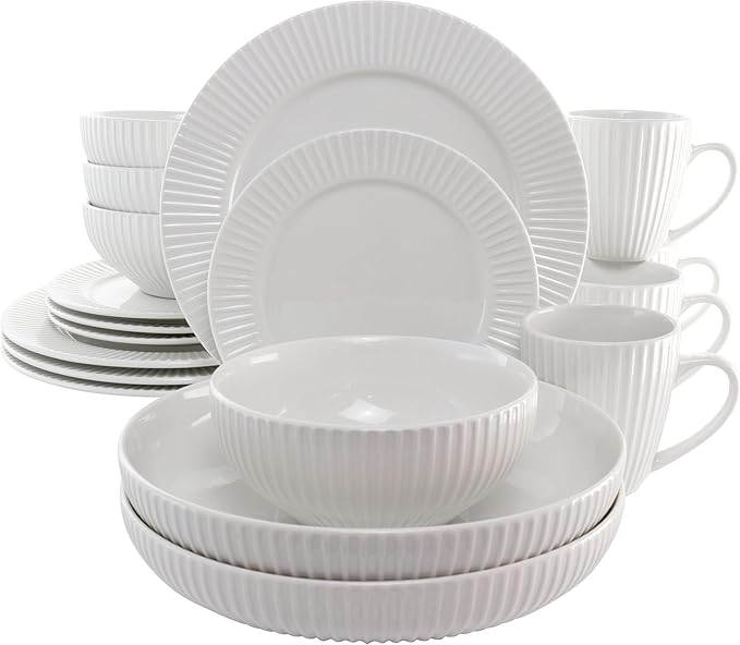 18-Piece White Porcelain Dinnerware Set with Serving Bowls – Elegant Textured Dish Set for 4 Microwave &amp Dishwasher Safe