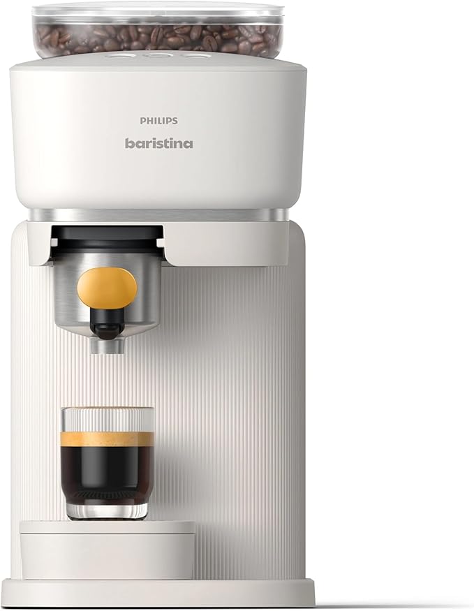 Philips Baristina Espresso Machine Grind Tamp &amp Brew Coffee Beans in One Swipe Compact 16 Bar Pump Pressure Automatic Grinder White with Mango Portafilter (BAR310/50)