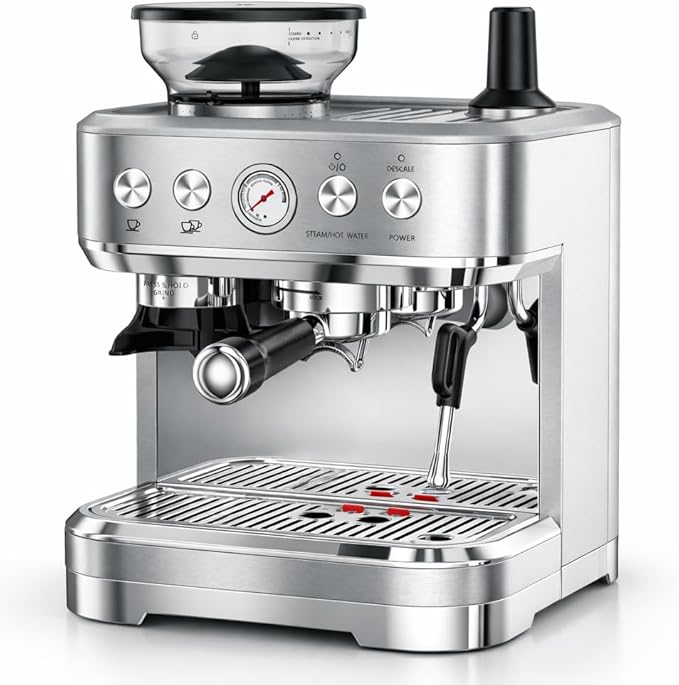 Espresso Machine 15 Bar Coffee Machine with Built-in Grinder Stainless Steel Coffee Maker with Steam/Hot Water Home Coffee Latte Machine with 1 &amp 2 Shot Buttons and Descale Indicator Silver Pl