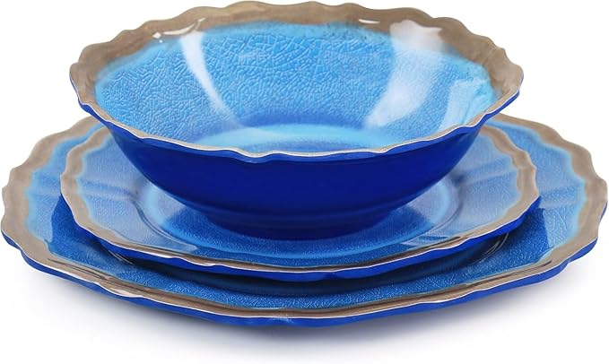12 Piece Blue Melamine Dinnerware Set – Lightweight Chip Resistant Plates and Bowls with Scalloped Edge Design