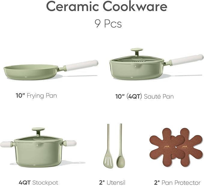 CAROTE Pots and Pans Set Nonstick Ceramic Cookware Set Green Cooking Set Kitchen Induction Set with Steamer PFAS PTFE Free9 Piece