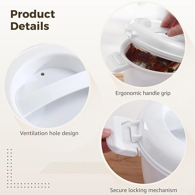 Microwave Rice Cooker White Plastic Portable With Lid Small Large For Travel Ideal Multi-Functional Insulated Lunch Box