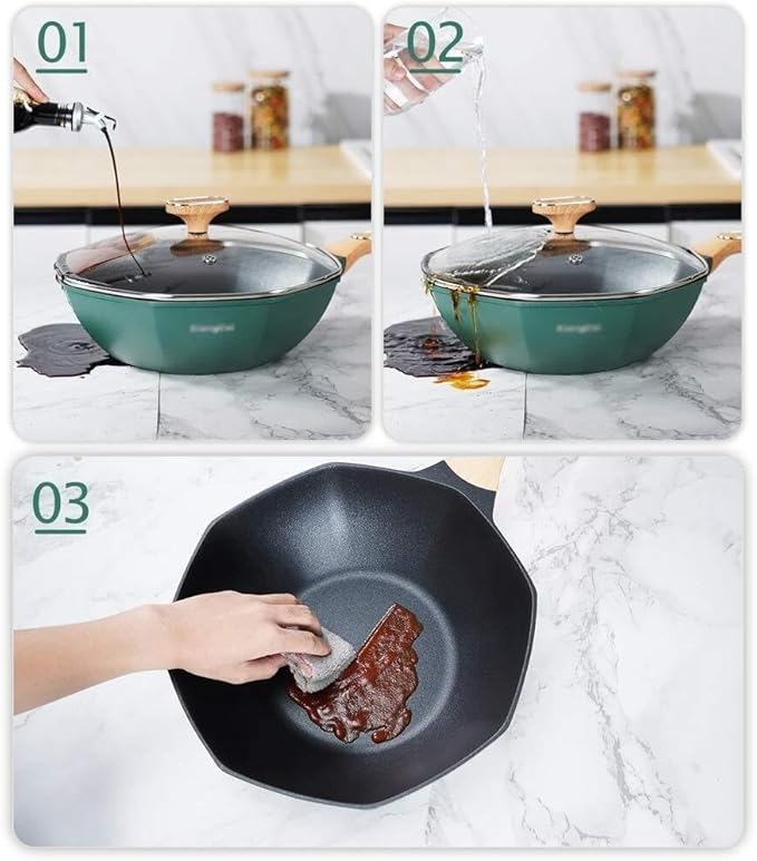 Mai Fanshi 3-Piece Octagonal Non-Stick Cookware Set with Medical Stone Coating Smokeless Wok &amp Frying Pan for Gas &amp Induction