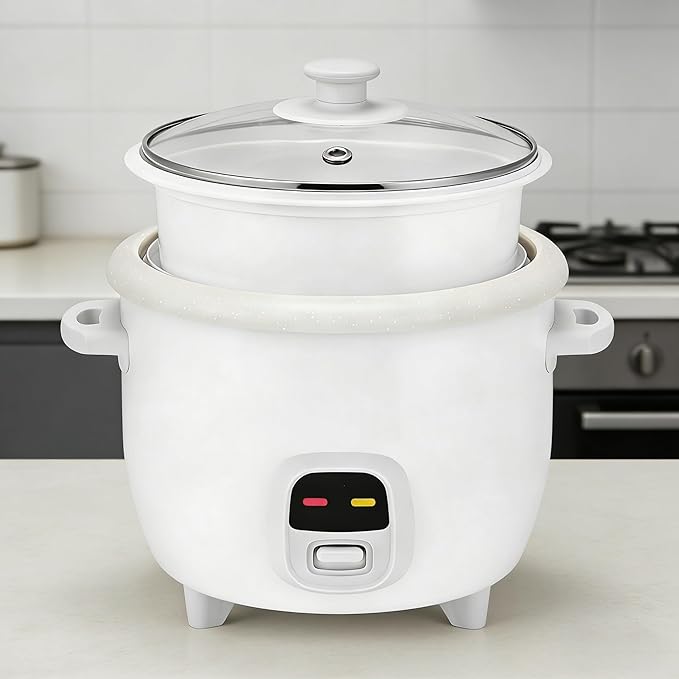 6 Cup Electric Rice Cooker and Food Steamer with Nonstick Ceramic Pot Pop Up Steam Tray White