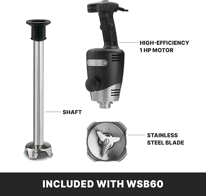 Waring Commercial WSB60 Big Stix Heavy Duty Immersion Blender 16 Removable Shaft 1 HP/700 Watt Variable Speed Motor 120V 5-15 Phase PlugBlack/Silver25-Gallon